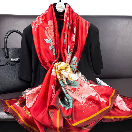 Retro ethnic style plant national flower simulation silk long silk scarf, positive red, simple and elegant temperament women's outer shawl souvenir