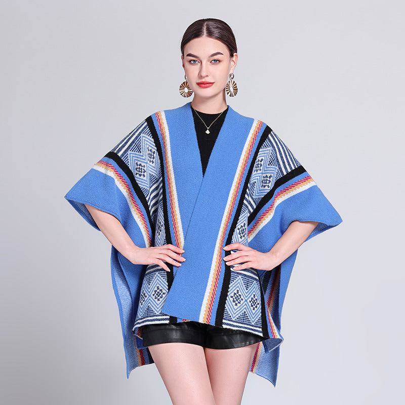Europe, America, autumn and winter new ethnic style travel fashion knitted jacquard split shawl cape cape coat women