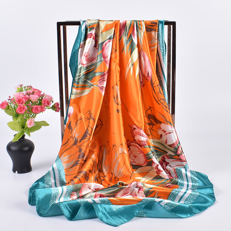 Summer new fashion versatile tulip bouquet print 90-color square scarf silk scarf headscarf