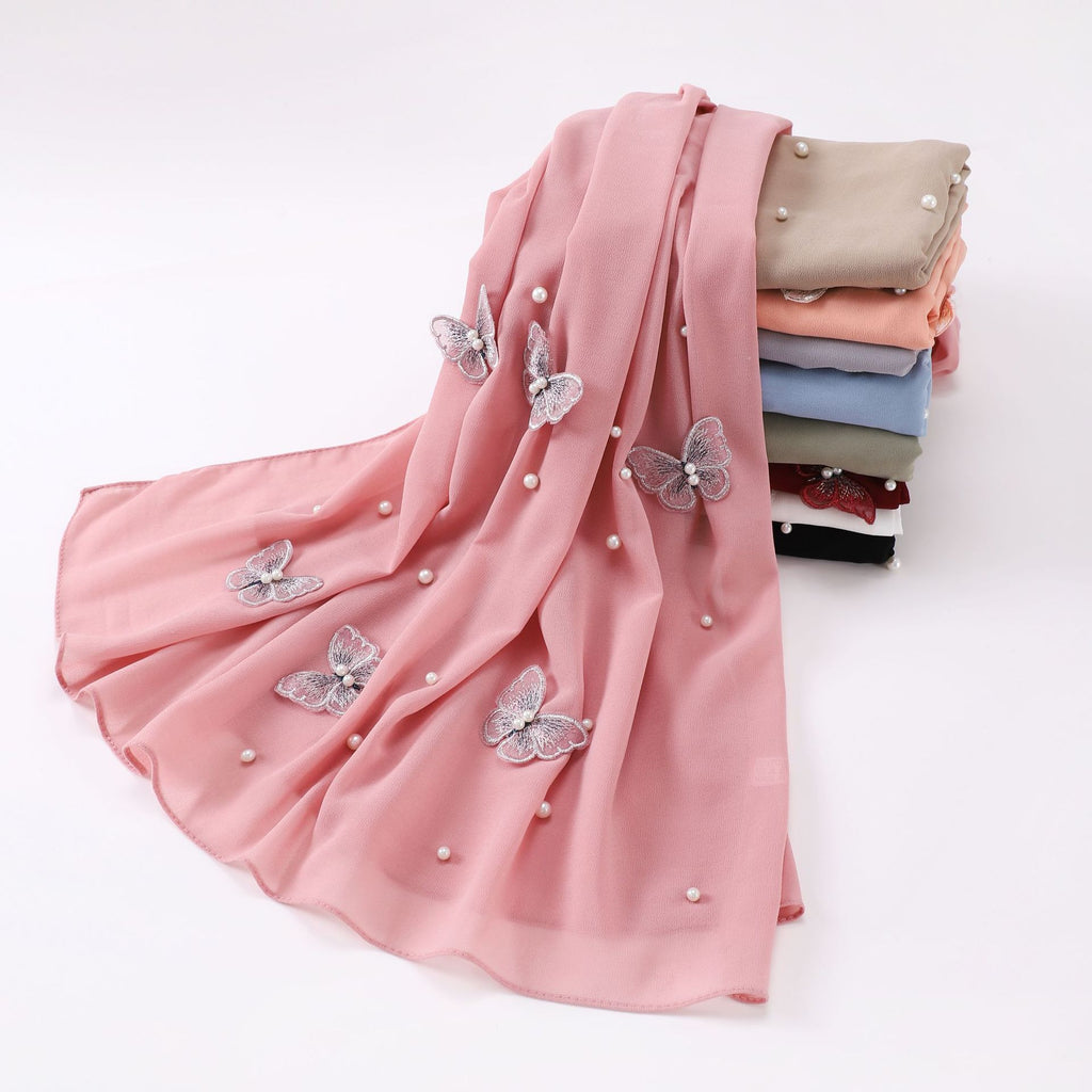 Pearl chiffon three-dimensional butterfly flower bead scarf gauze Malaysian headscarf