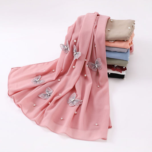 Pearl chiffon three-dimensional butterfly flower bead scarf gauze Malaysian headscarf