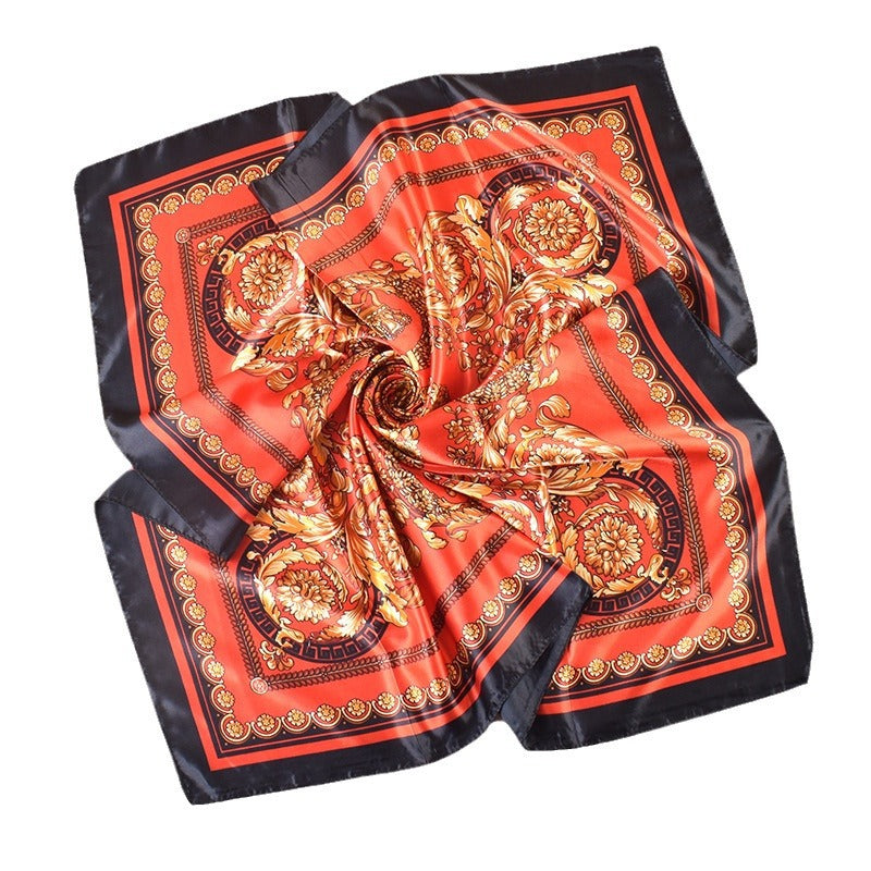 Spring new fashionable versatile large shawl imitation silk retro totem printed silk scarf head scarf 90 satin square scarf