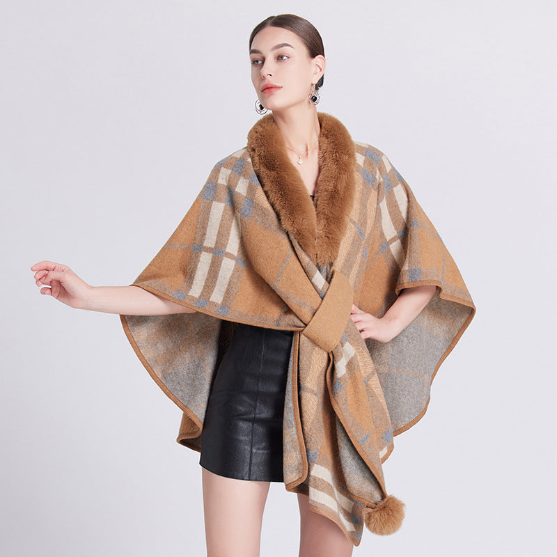 1251 #European and American autumn and winter new shawl cape imitation fur collar plaid cape shawl loose knitted cardigan jacket