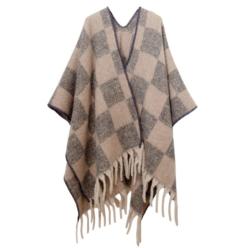 New European, American autumn and winter circle yarn imitation mohair thickened jacquard checkered cross shawl