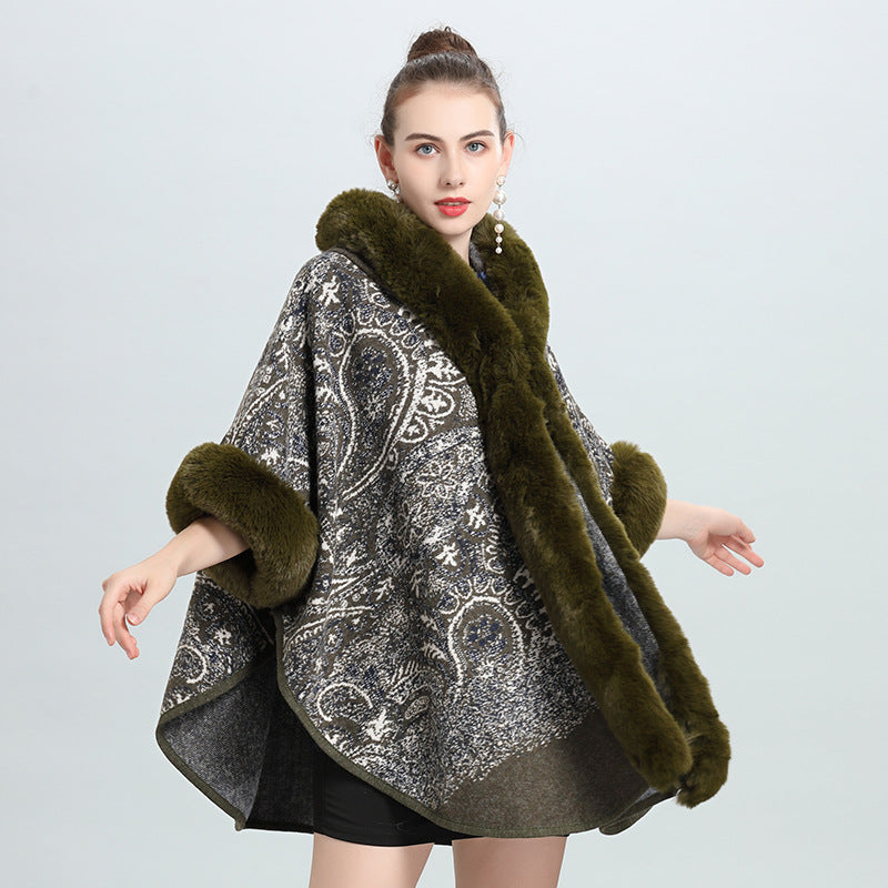1400 European and American autumn and winter new hooded shawl cape women's imitation fox fur collar versatile woolen coat