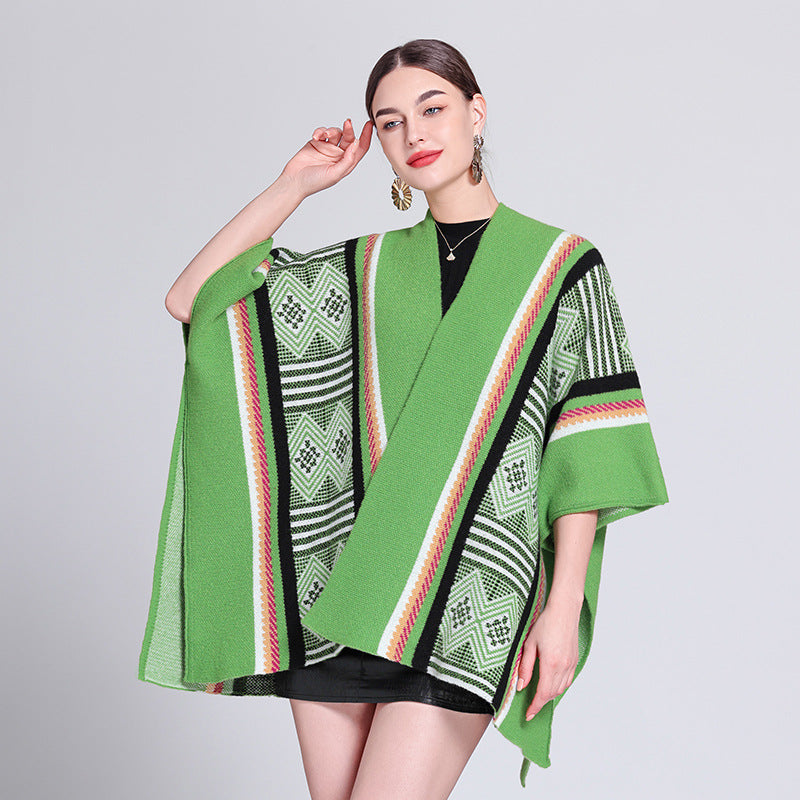 Europe, America, autumn and winter new ethnic style travel fashion knitted jacquard split shawl cape cape coat women