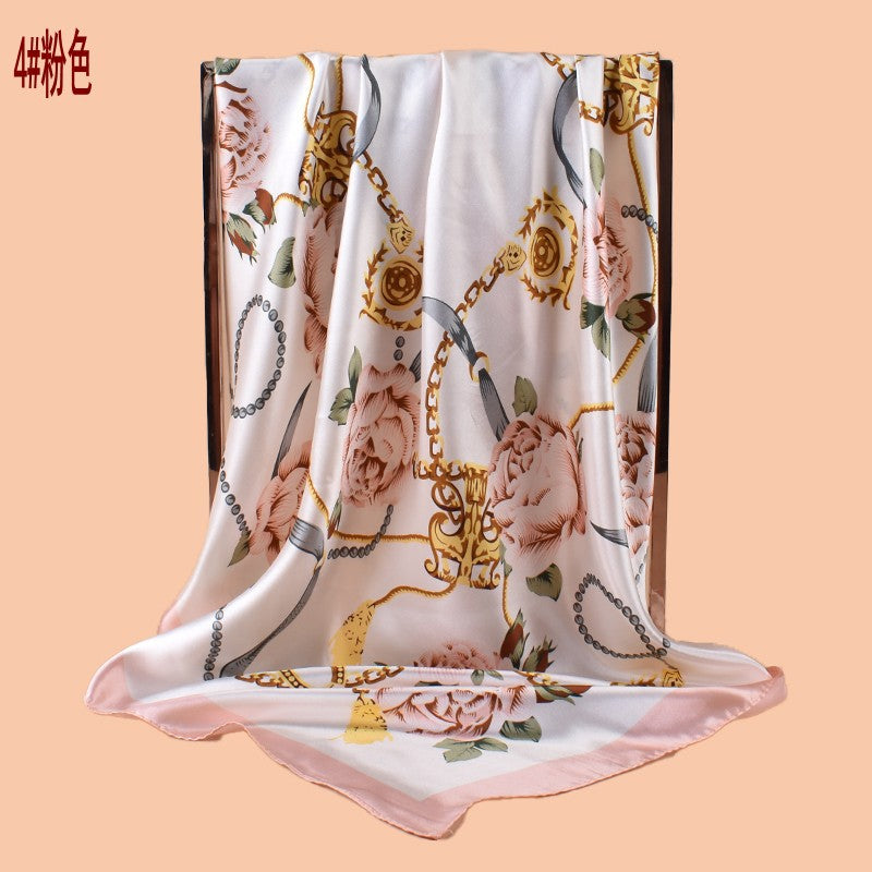 2025 new 90-color beautiful chain flower printing square scarf with sunscreen, bag head silk scarf decoration, scarf