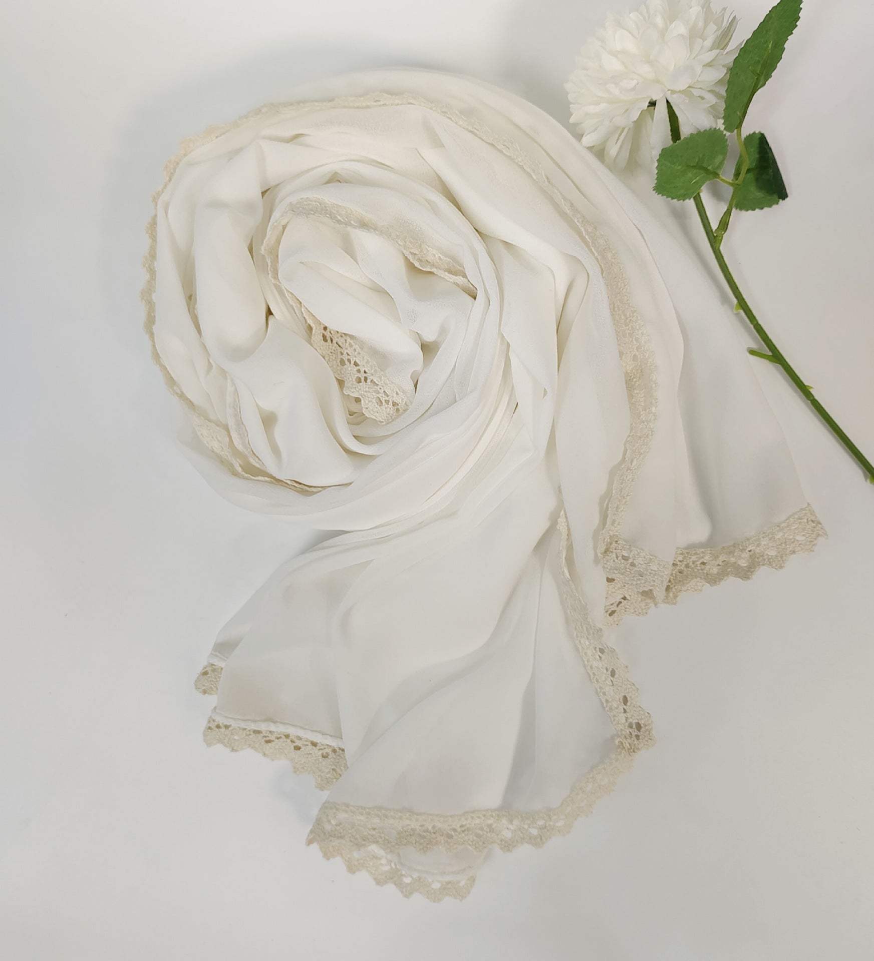 New ins fashion monochrome pearl chiffon lace fringed  scarf headscarf hijab