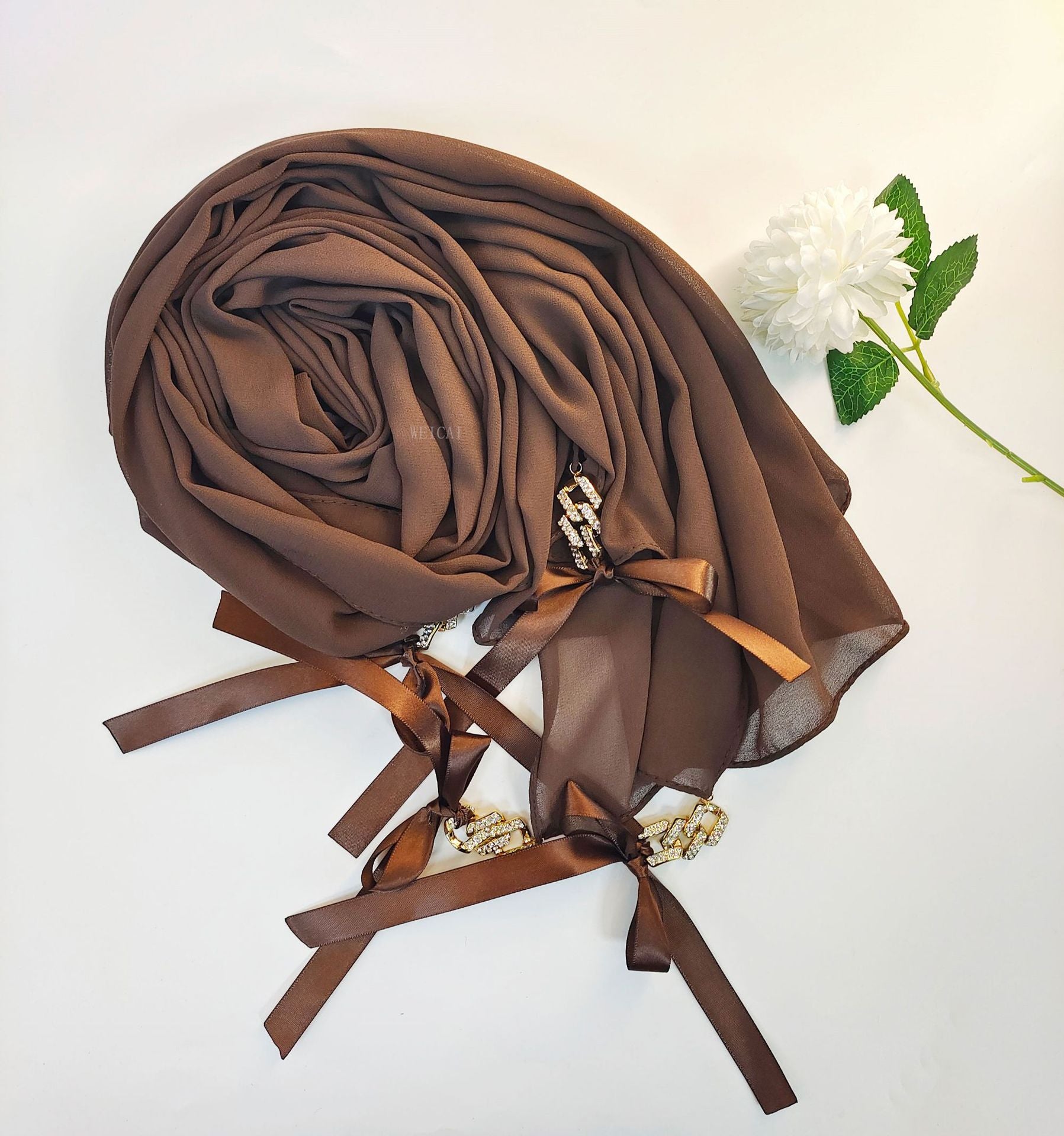 New ins fashion monochrome pearl chiffon diamond jewelry bow tassel  bag headscarf hijab