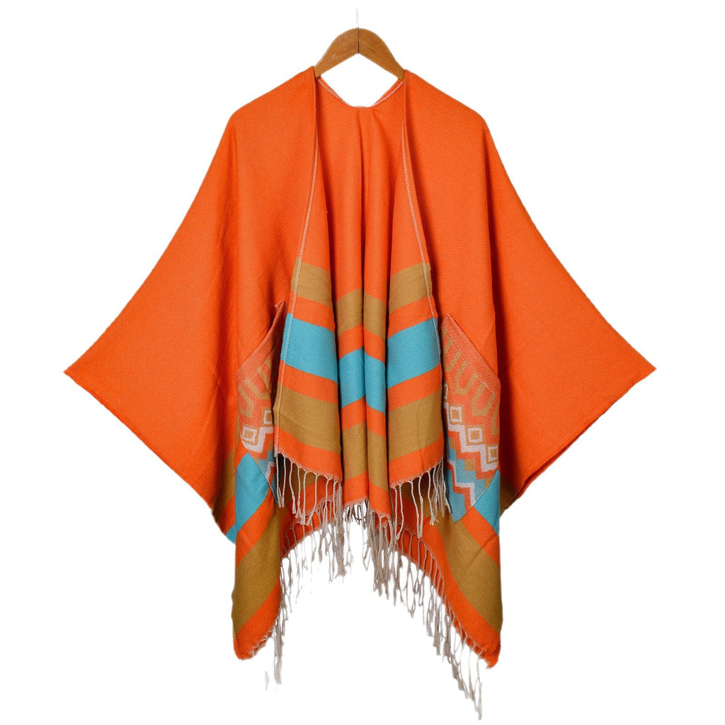 New ethnic style women's pockets thickened shawl travel photo camping warm split cloak cape