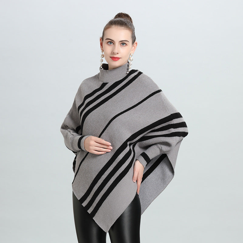 Autumn and winter new irregular striped semi-turtleneck bat sleeve pullover knitted sweater cape women 0950 #