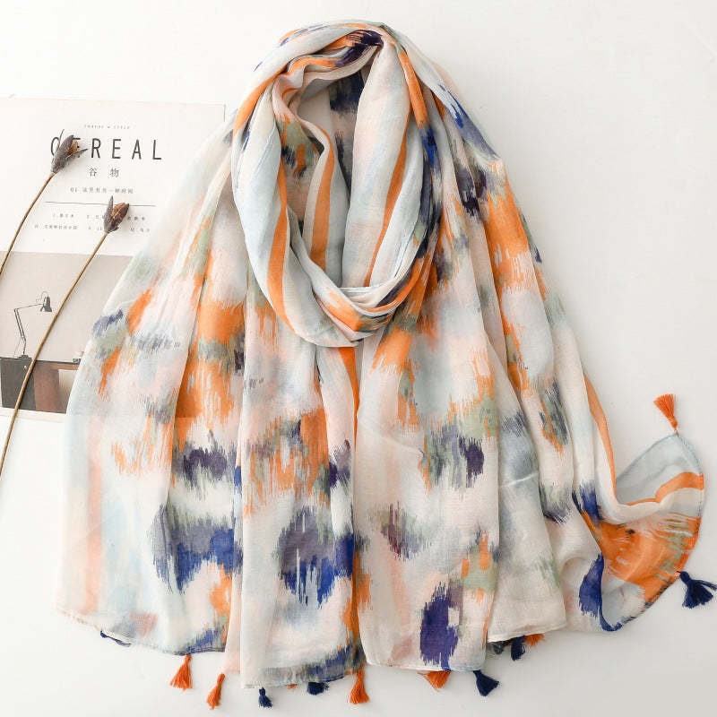 Thin Cotton Viscose gradual change ink painting cotton and linen feel tassel shawl travel accessories