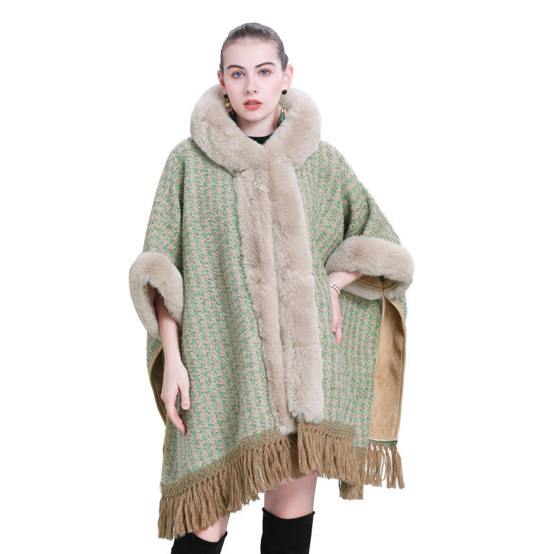 Autumn and winter new cape shawl loose fleece thickened fur collar hooded fringed cardigan shawl cape jacket 1186
