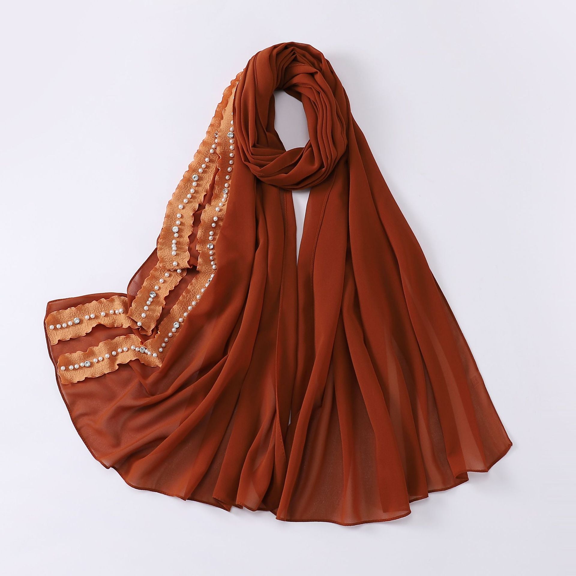 New solid color pearl chiffon lotus leaf lace bead nailed diamond scarf Middle East headscarf  scarf Malay Baotou