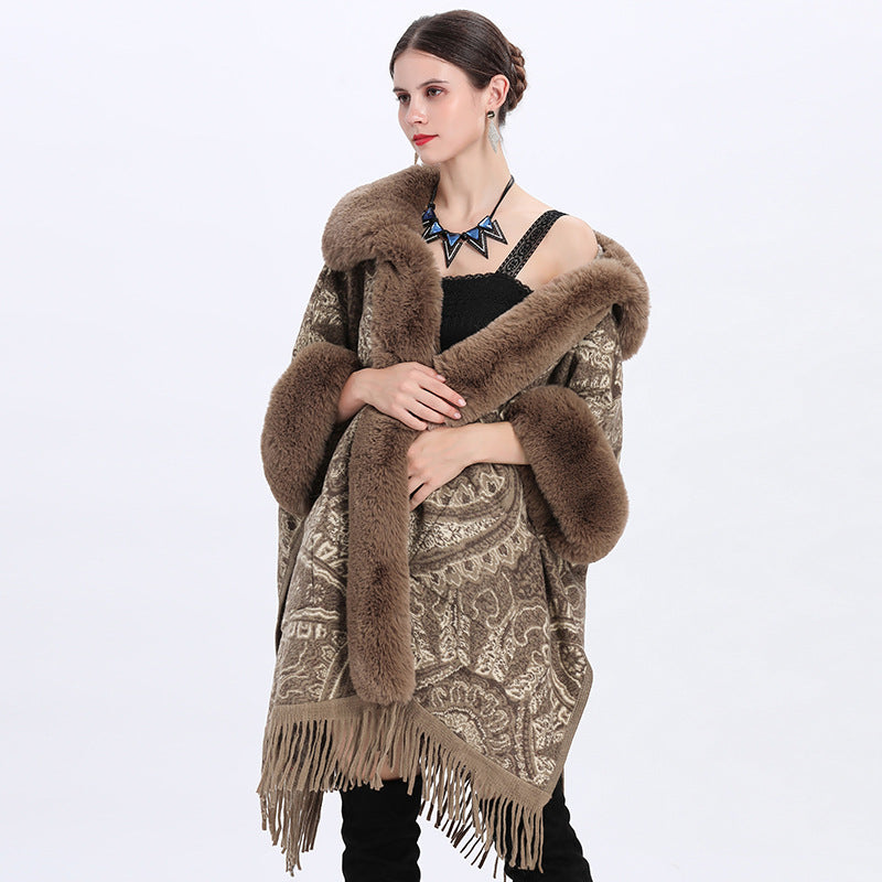 Europe, America, autumn and winter new jacquard fashion loose fur collar fringed cape shawl with large size woolen coat women