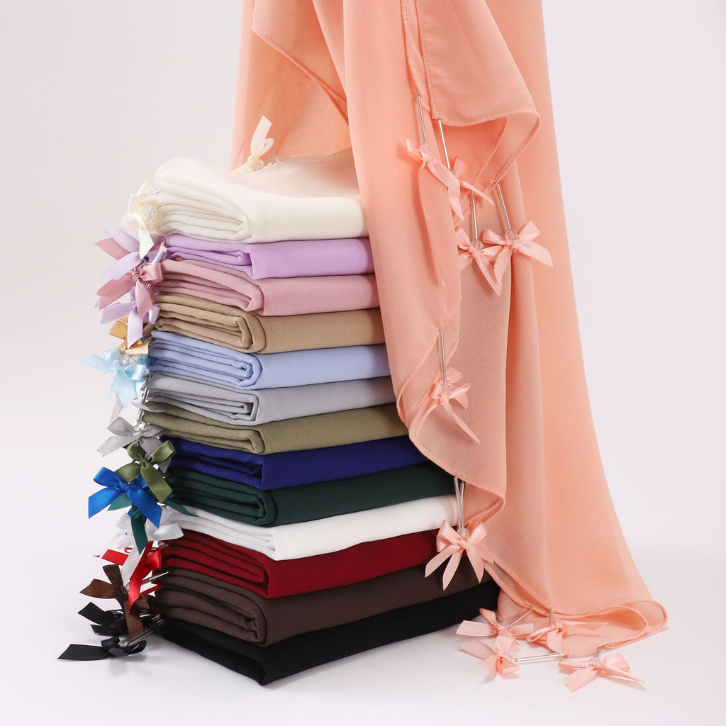 Hand sewn glass tube bow chiffon long towel yarn scarf Malaysia small fresh headscarf