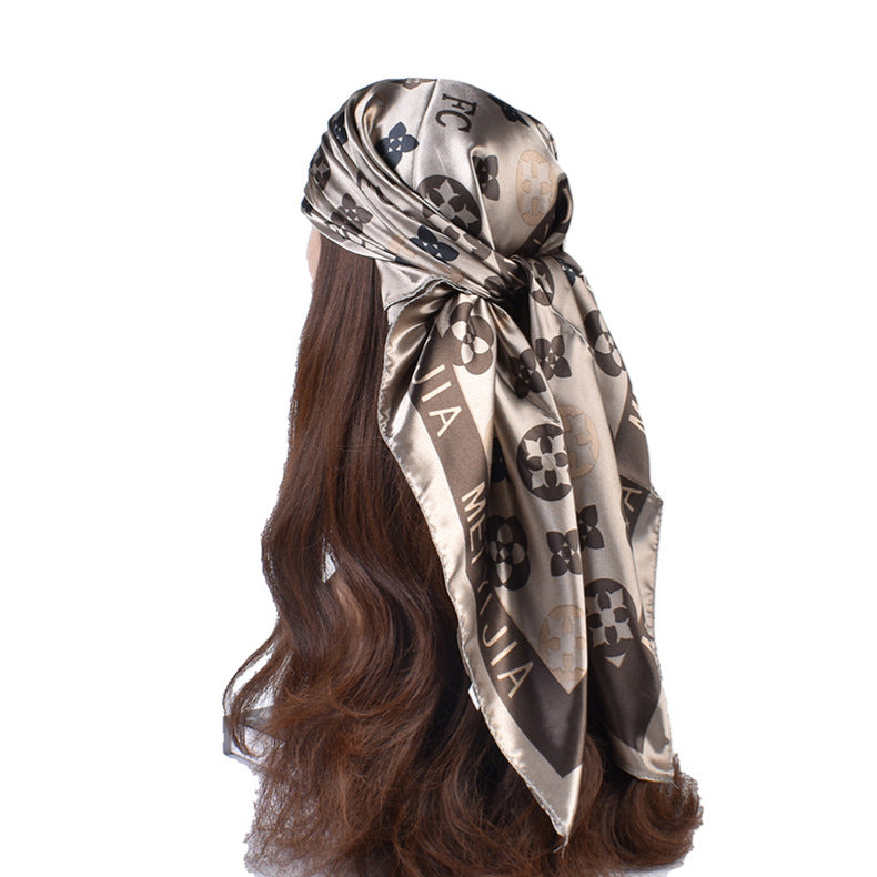 New stylish and elegant round letter edge pattern printing 90 satin large square towel headscarf