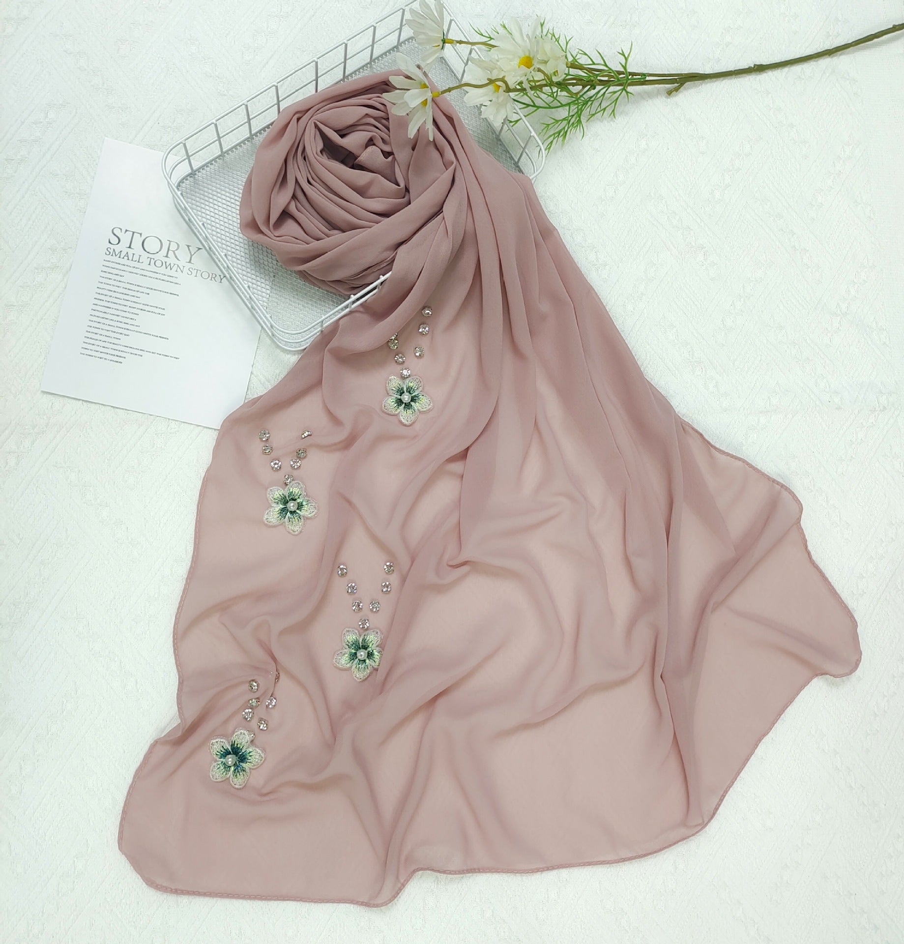 New Diamond Flower Pearl Chiffon Scarf Women's Scarf Middle East Headscarf