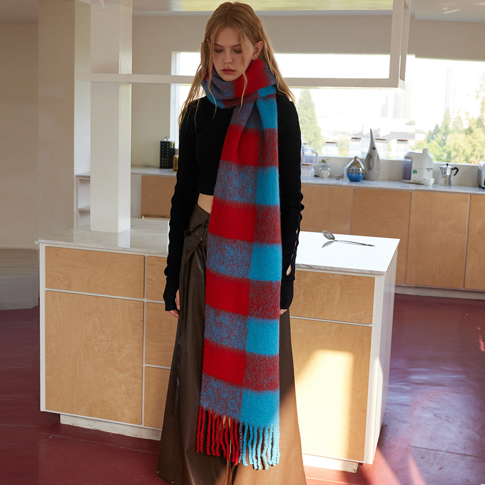 Korean designer model contains 20 wool retro large plaid scarf women's autumn and winter warm soft waxy atmosphere scarf