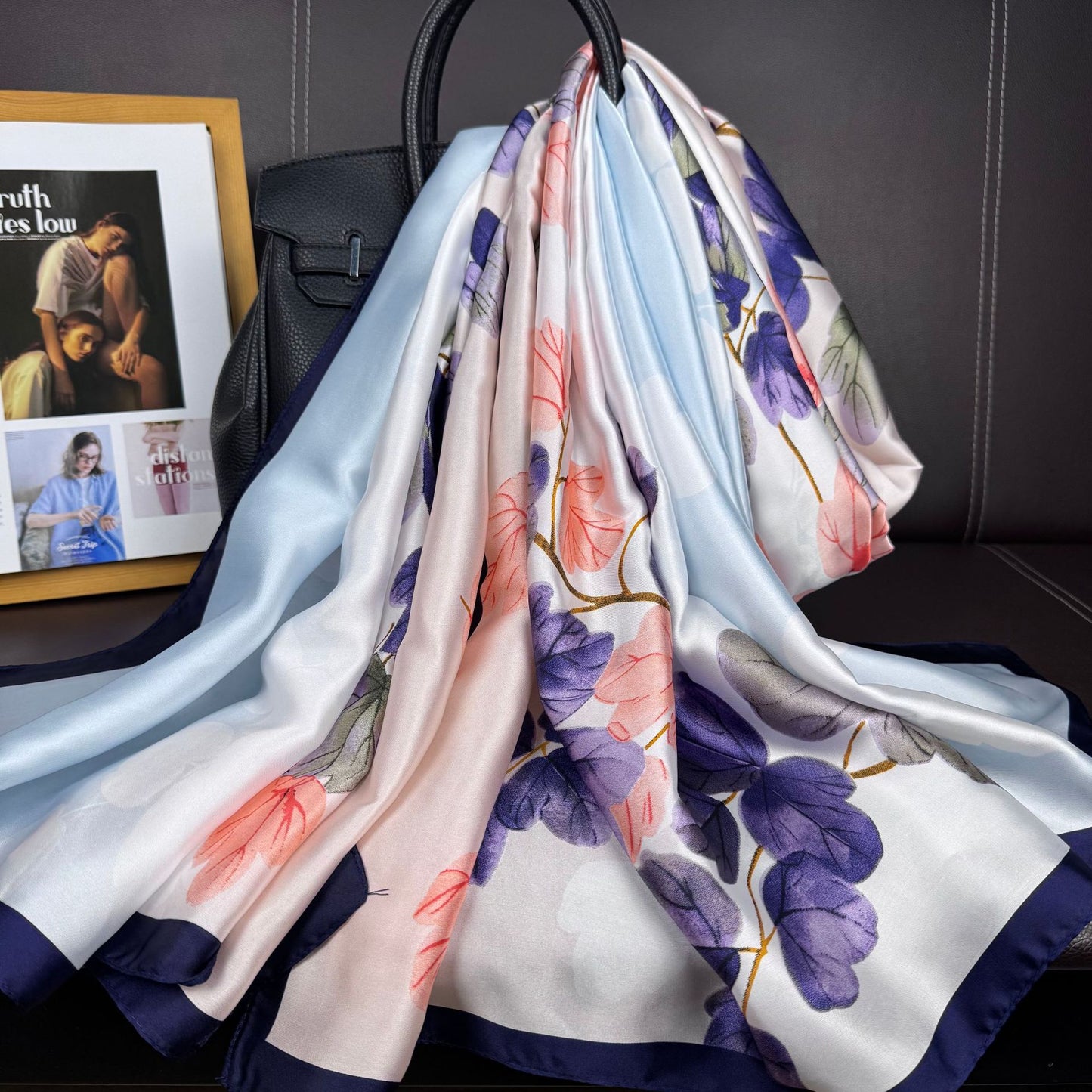 Simple Korean version plant flower long printed silk scarf elegant temperament women travel vacation shawl scarf headscarf