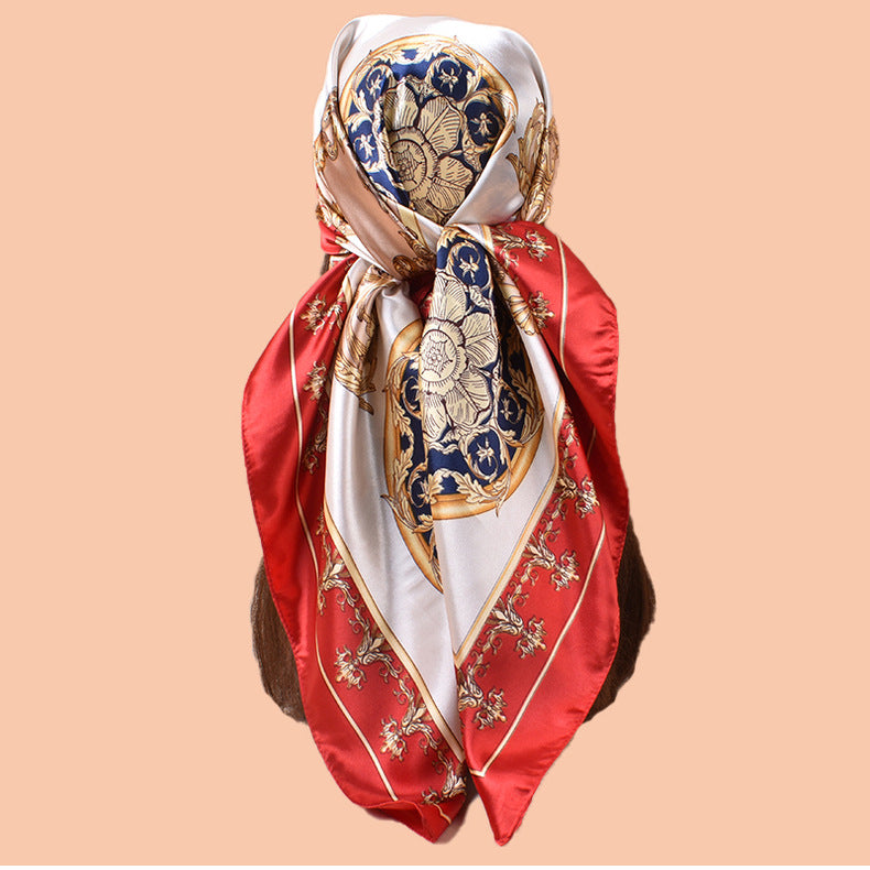 Spring and summer symmetrical vine symbol printed versatile decorative scarf headscarf silk scarf 90 high-quality satin square scarf