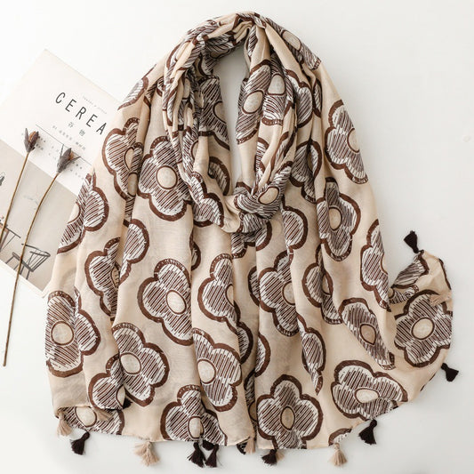 Spring and summer cotton and linen feel scarf celebrity style four-leaf flower window fringed silk scarf warm shawl