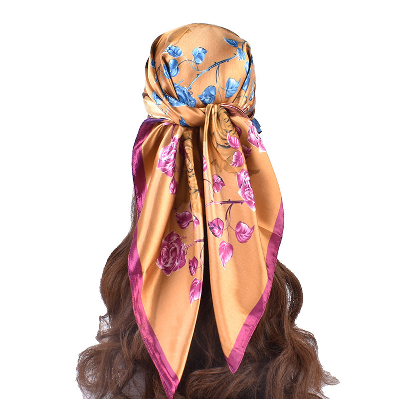 New fashionable versatile crystal rose pattern printing high-quality 90 * 90 satin square towel