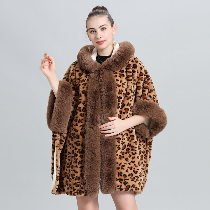 Cloak shawl piled thickened fur collar fringed knitted shawl large size woolen coat 0961 #