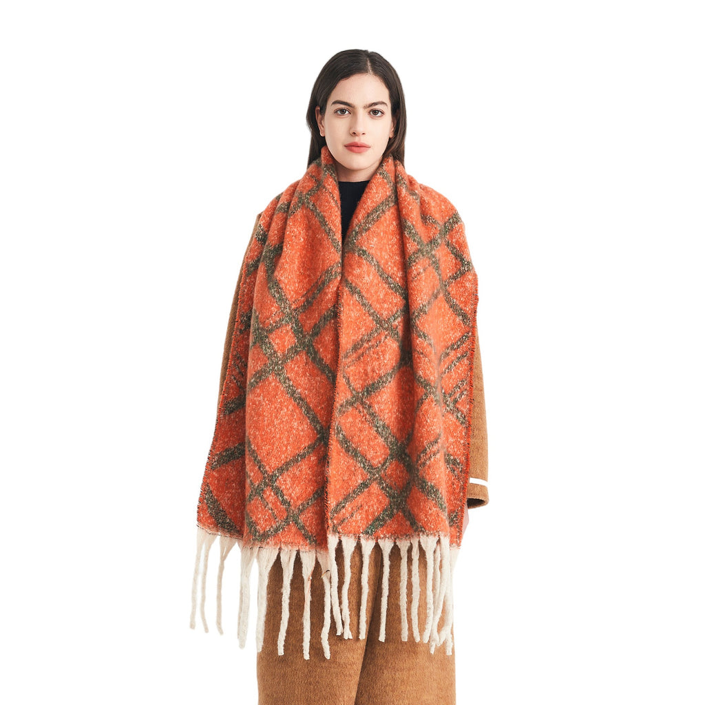 Europe, America, autumn and winter new loop yarn imitation mohair jacquard double grid scarf