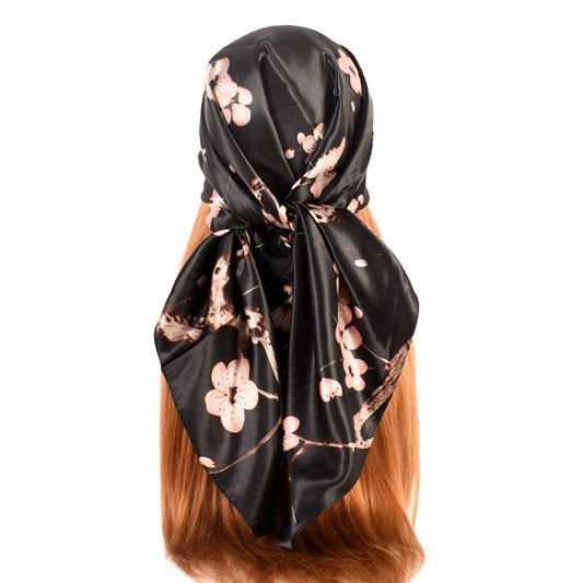New sweet and fashionable plum blossom flower satin 90cm large square scarf women's silk scarf scarf