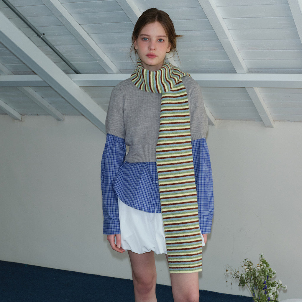 Wool blended contrasting striped knitted scarf women's autumn and winter Korean atmosphere soft wool scarf