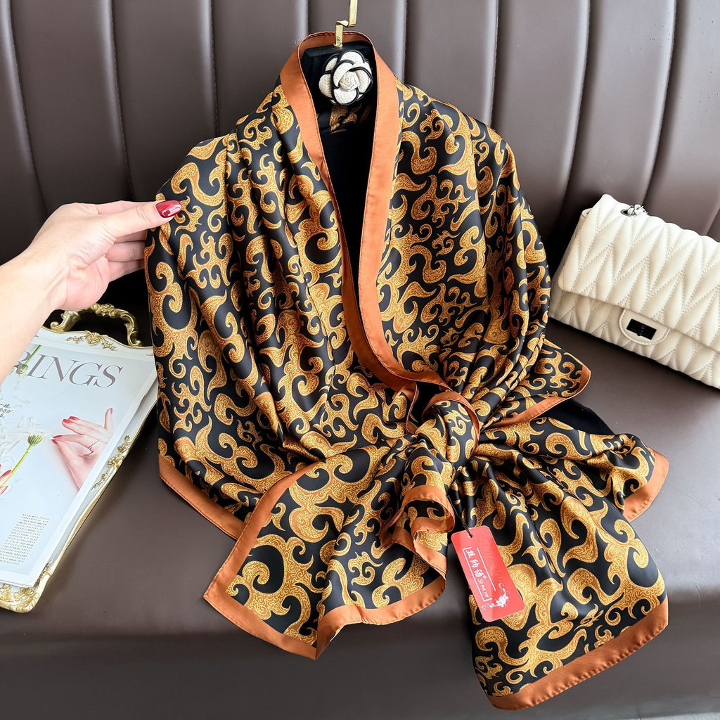 Fashion versatile literary retro auspicious cloud cashew pattern long silk scarf, simple and elegant temperament with shawl