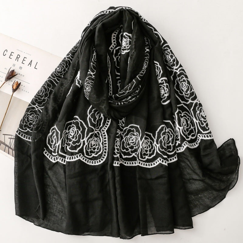 Solid color ethnic style embroidery embroidered scarf rose silk scarf travel shawl