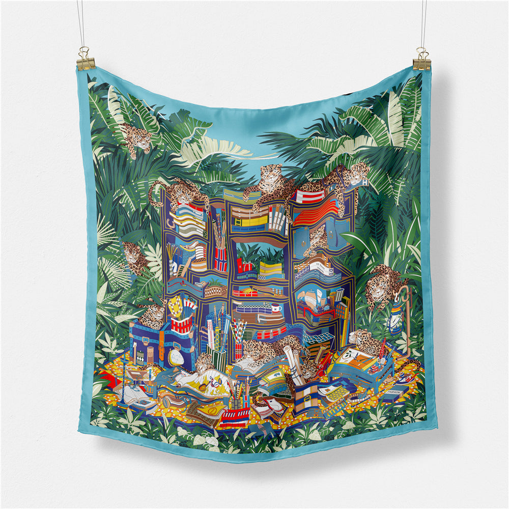 Fashion plant jungle, leopard pattern, digitally printed 53cm small square scarf, women's headband scarf