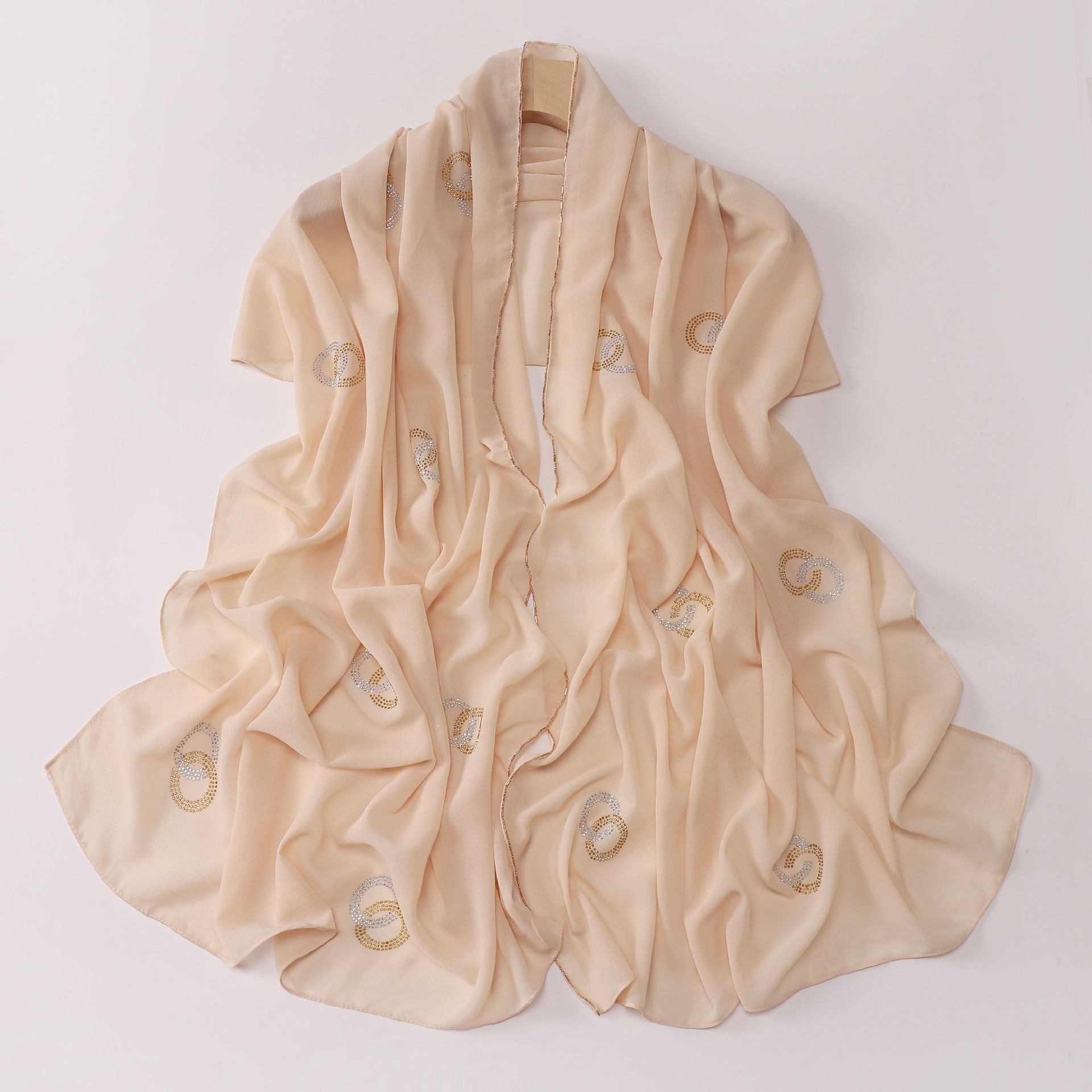 New Pearl Chiffon Long Edge Metal Chain Double Ring Hot Diamond Long Towel Yarn Middle East Head Towel