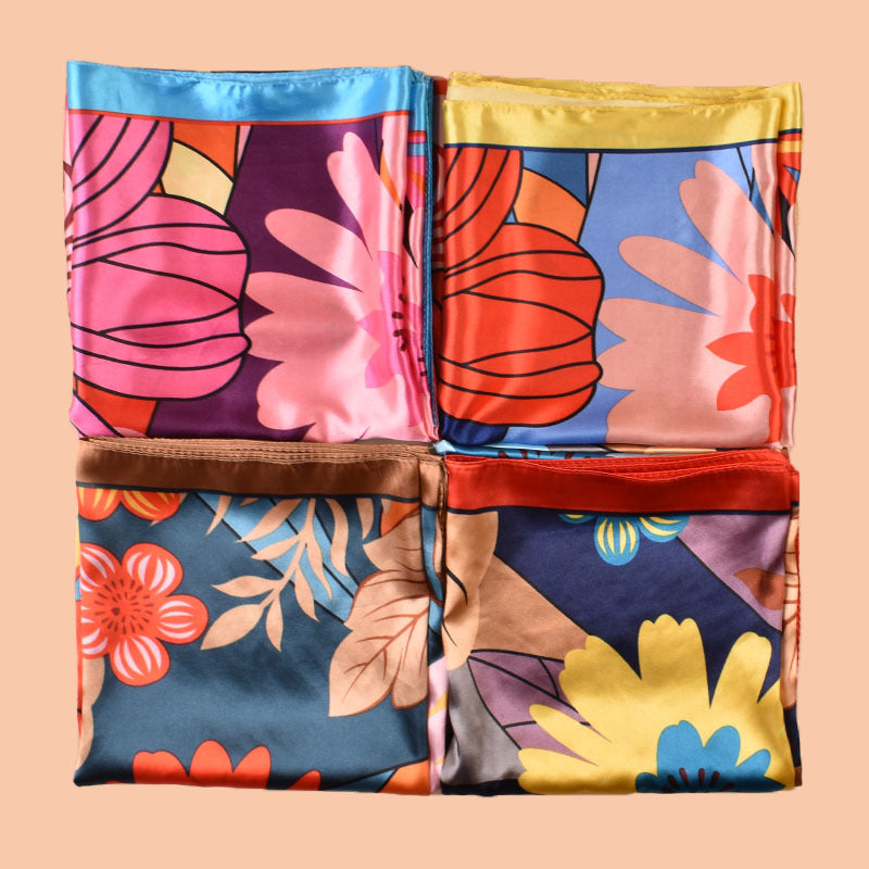 2025 new 90cm-satin cartoon large flower printing square scarf with sunscreen bag head silk scarf decorative scarf