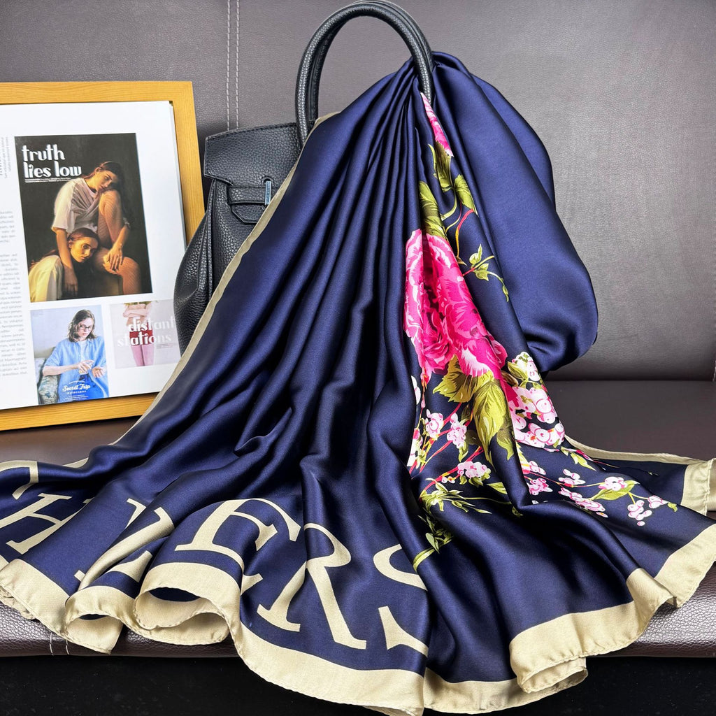 Simple and elegant temperament women's travel and vacation sunscreen silk scarf, simulated silky brocade long shawl scarf