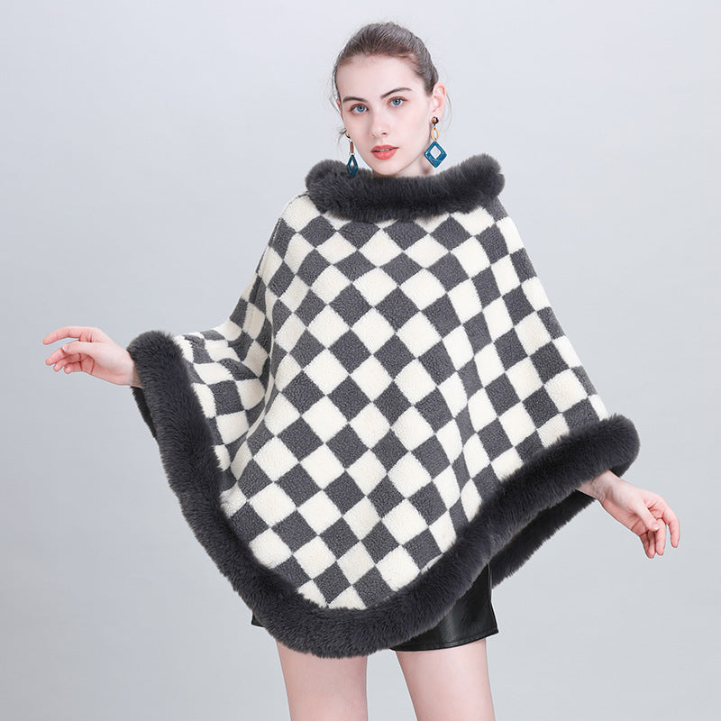 European and Korean autumn and winter new cape shawl thickened plaid fur collar crew neck pullover shawl cape jacket 0986 #