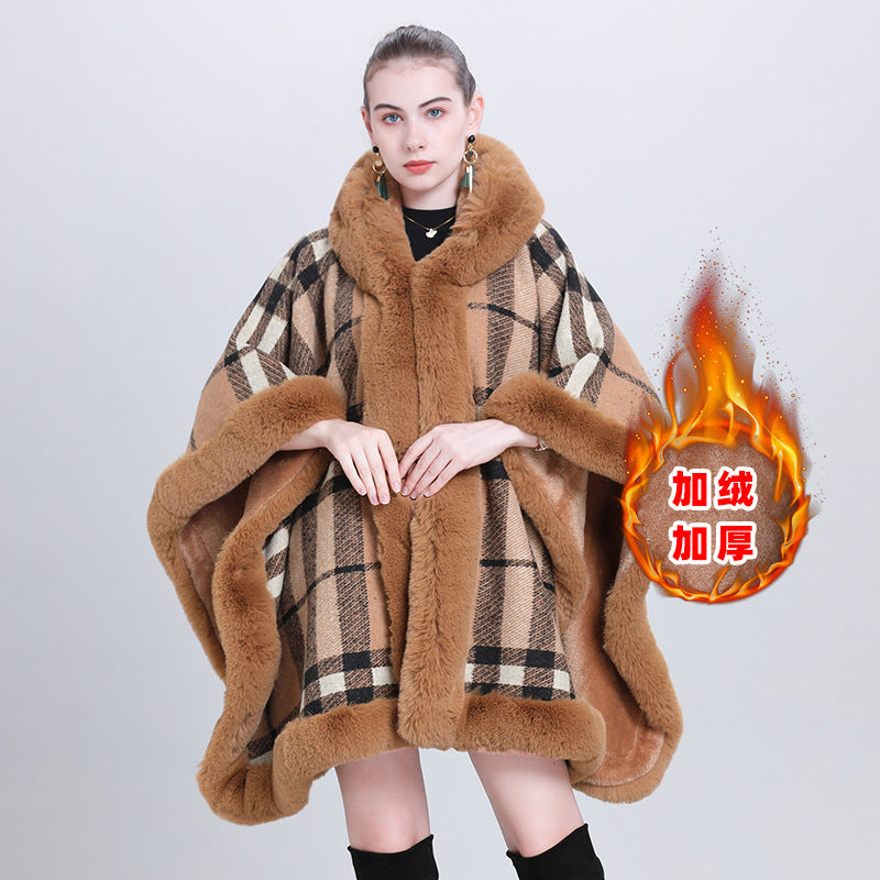 European and Korean autumn and winter new cape shawl fleece thickened plaid fur collar hooded knitted shawl scarf shawl 0992