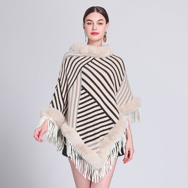 Cross-border Europe, America, autumn and winter new pullover knitting fashion contrasting colors fringed cape shawl shawl outside