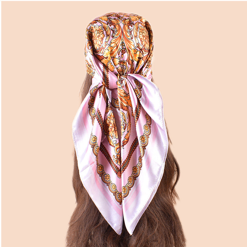 Spring new fashionable versatile large shawl imitation silk retro totem printed silk scarf head scarf 90 satin square scarf