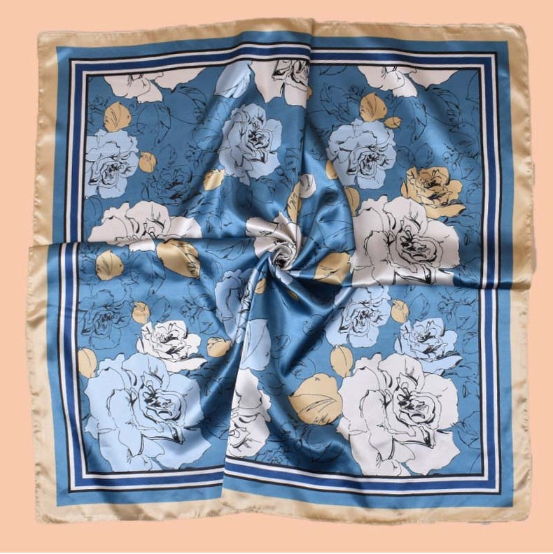 Spring and summer temperament big flower printing versatile decorative scarf headscarf silk scarf 90 high-quality satin large square scarf