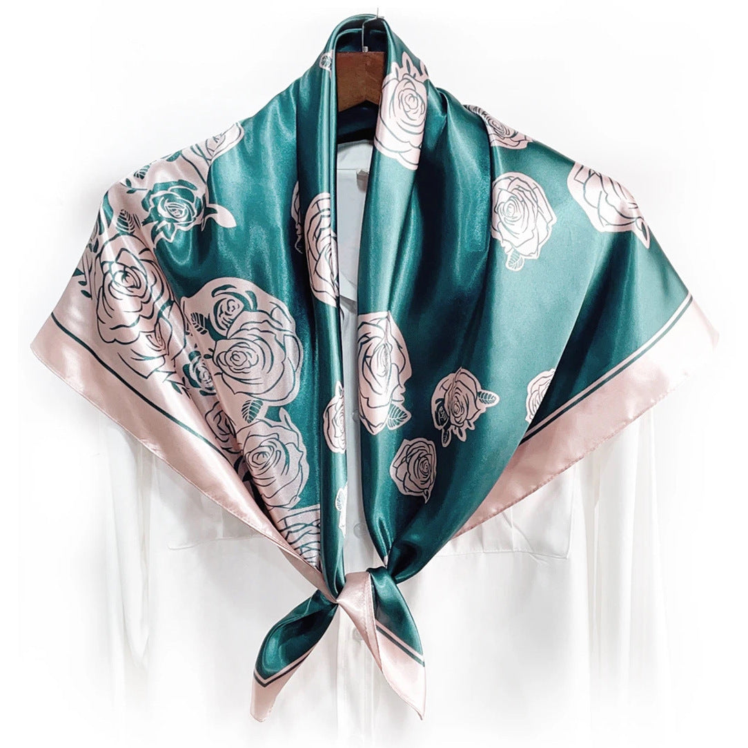 Elegant temperament women's decorative scarf, imitation silk satin plant flower flower printed silk scarf, bag head square scarf