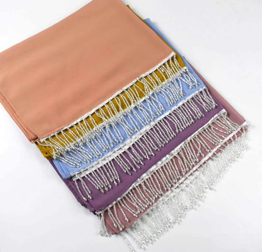 New monochrome pearl chiffon scarf high quality crystal fringed  headscarf chiffon