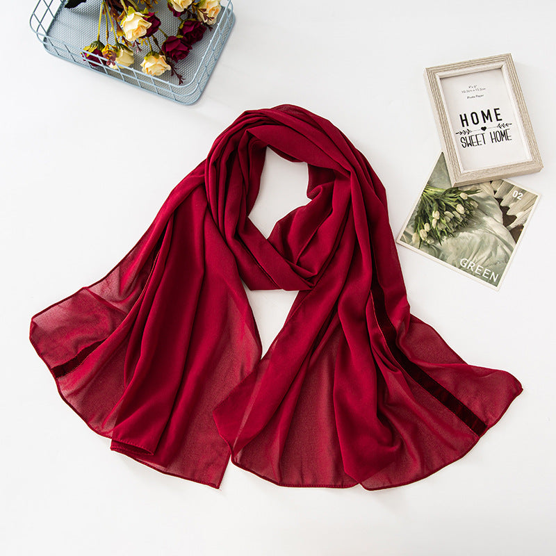 New solid color chiffon  velvet webbing long scarf thin Middle East headscarf Malaysia Indonesia hijab