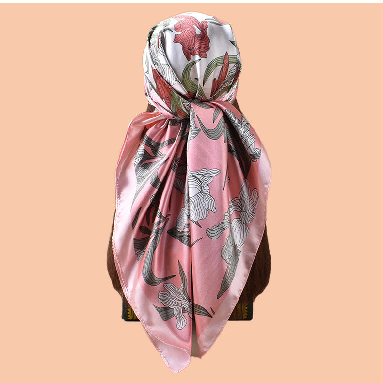 2025 new 90-satin plain and elegant orchid versatile printed square scarf with sunscreen, bag head silk scarf decoration, scarf