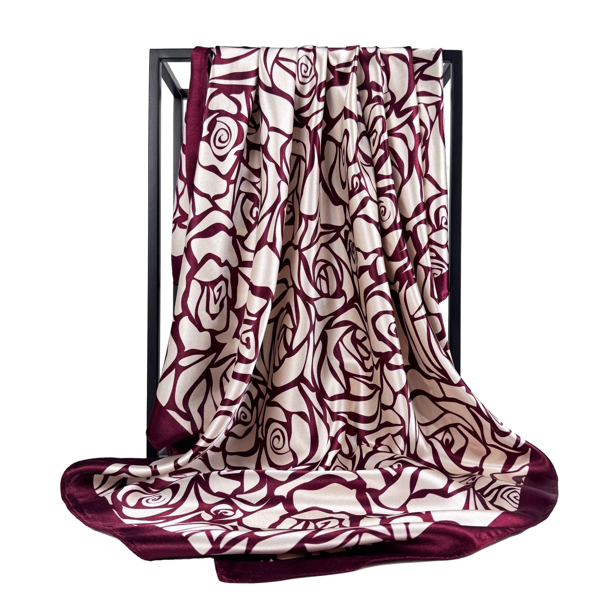 Spring new product, simple and elegant plant flower silk scarf, imitation silk satin 90cm square scarf, ethnic women's headscarf