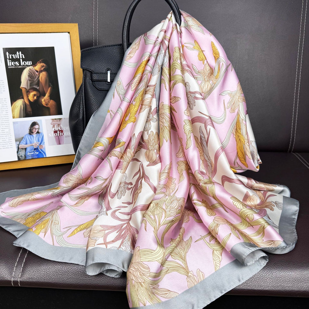 Simple and intellectual versatile brocade long silk scarf, fashionable women's decorative outer shawl travel and vacation scarf