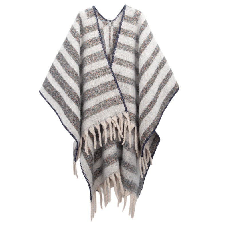 2025 new European and American autumn and winter circle yarn imitation mohair thickened jacquard striped shawl