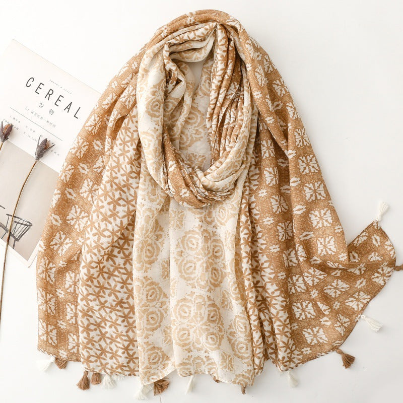 Spring and summer cotton and linen feel scarf celebrity style geometric style fringed silk scarf warm shawl